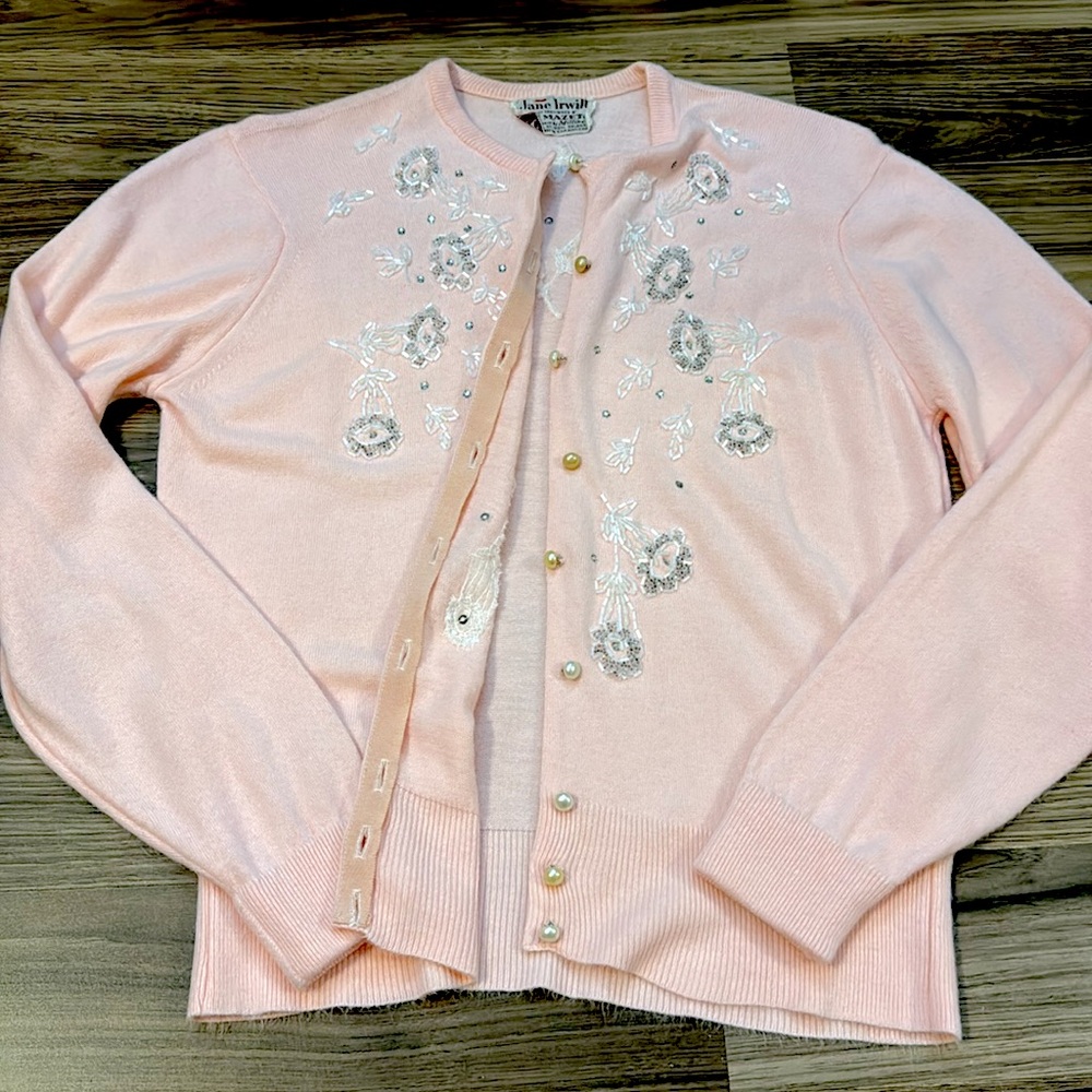 Jane Irwill Vintage Floral Pink Beaded Swarovski Faux Pearl Button Soft Cardigan - Picture 13 of 17